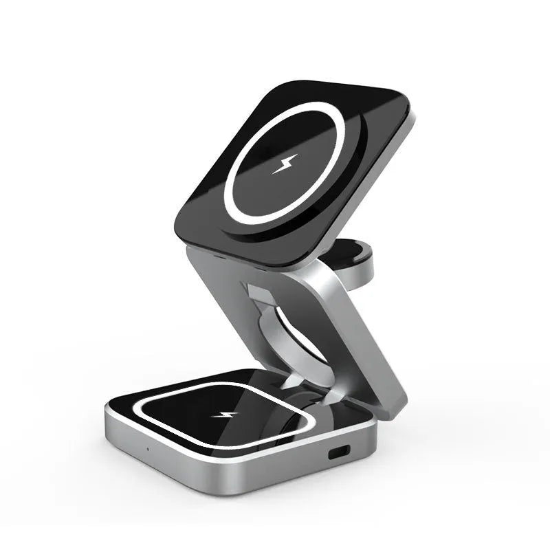 Folding three-in-one wireless charging bracket for desktop with Apple, Samsung and Google Pixel Watch support
