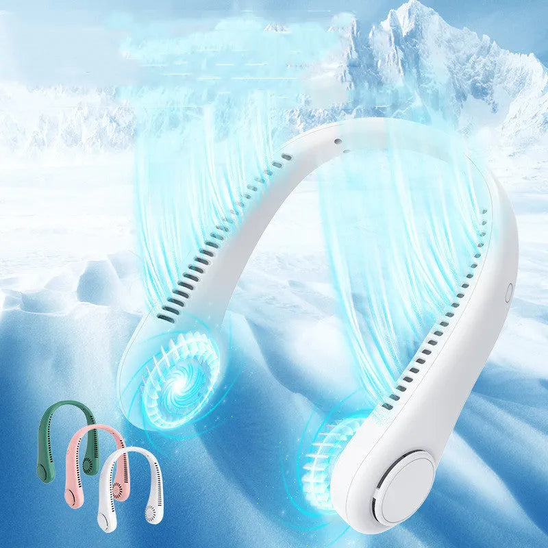 White rechargeable neck fan worn around neck with bladeless design and USB charging