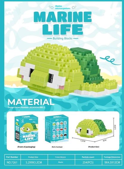 Marine small creature building blocks set showing 12 different sea animal models in colour box packaging