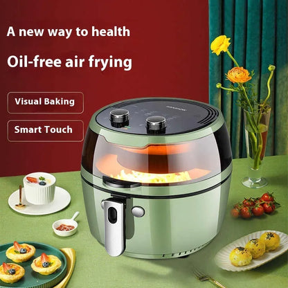 Air fryer oven with visible window, 8-litre capacity, nano-ceramic coating liner, and mechanical buttons on display