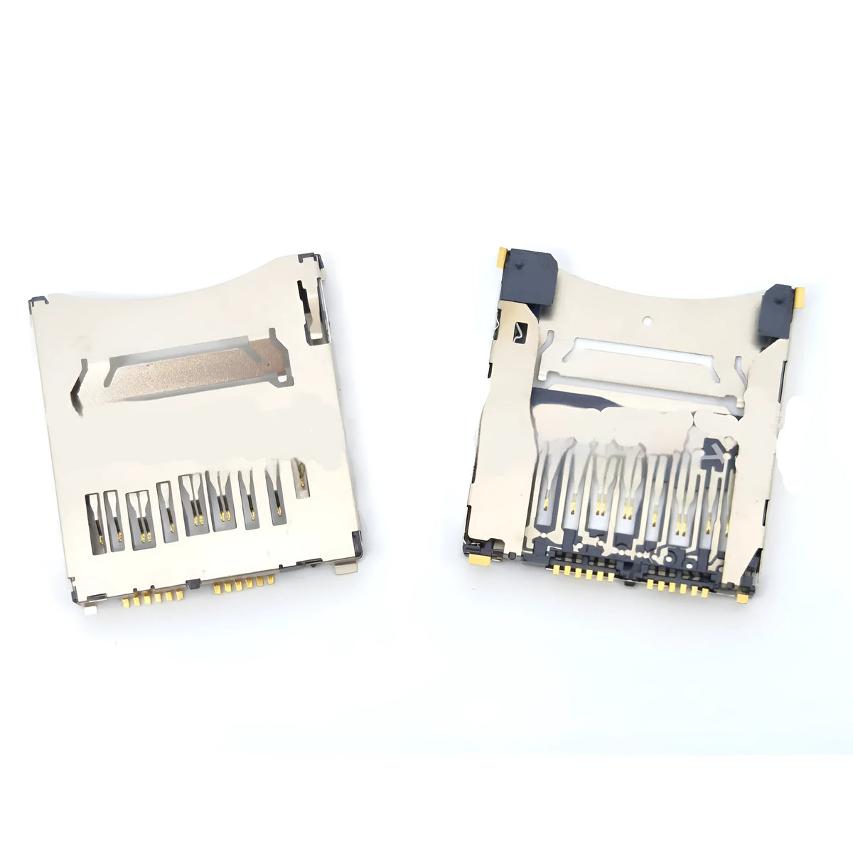 Black alloy camera memory card slot replacement part showing high-foot and low-foot profile options