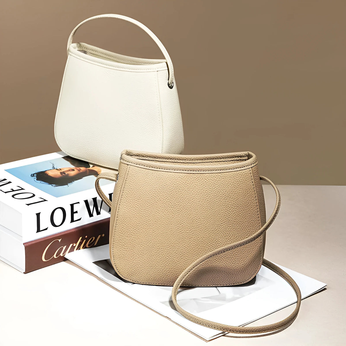 Genuine leather cowhide messenger bag for women in square vertical shape with organised internal compartments