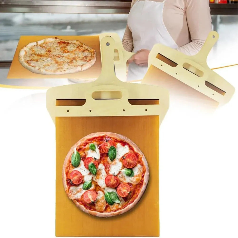 White PP plastic pizza transfer shovel measuring 55cm by 35cm on kitchen counter