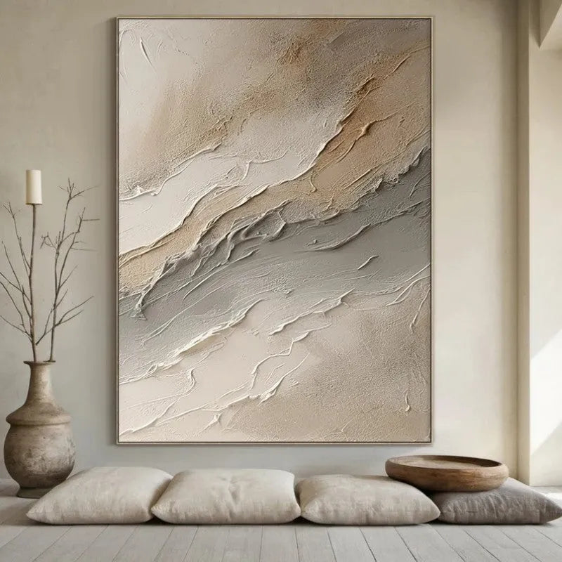 Hand-painted beige grey abstract oil painting on canvas, one panel, frameless and unstretched wall art