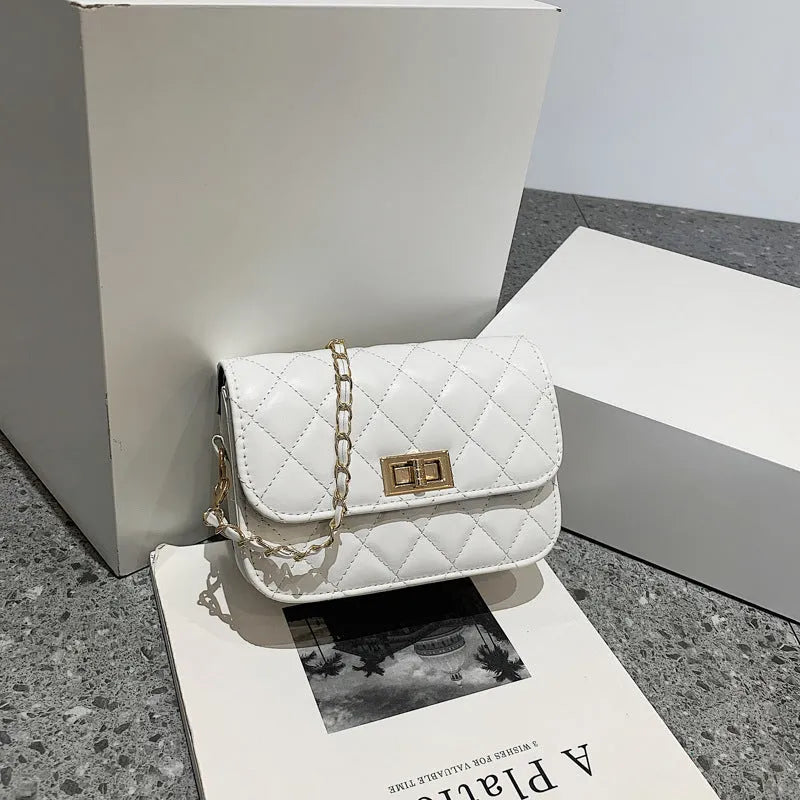 Women's PU shoulder messenger bag with diamond chain and sewing thread trim, black or beige, large 18cm or small 12cm