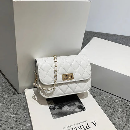 Women's PU shoulder messenger bag with diamond chain and sewing thread trim, black or beige, large 18cm or small 12cm