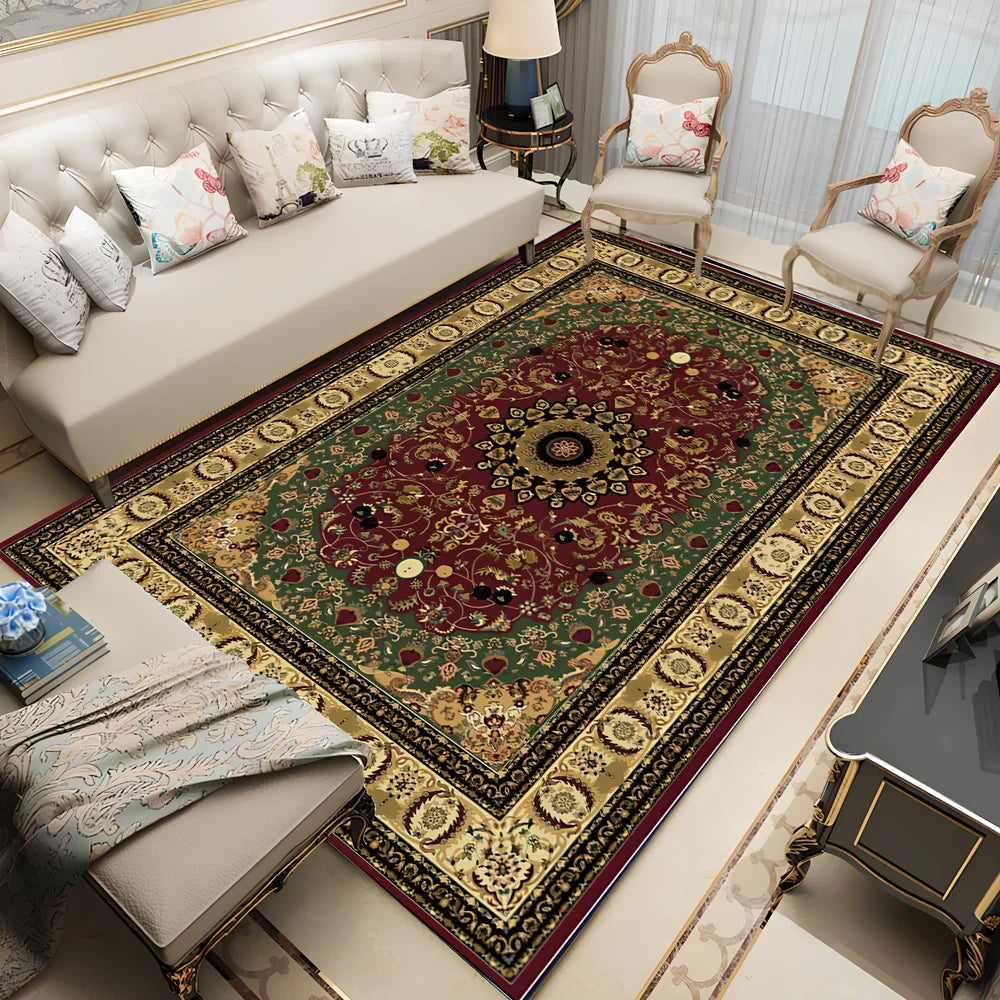 Rectangular Persian floral carpet with machine-woven polyester construction in modern design