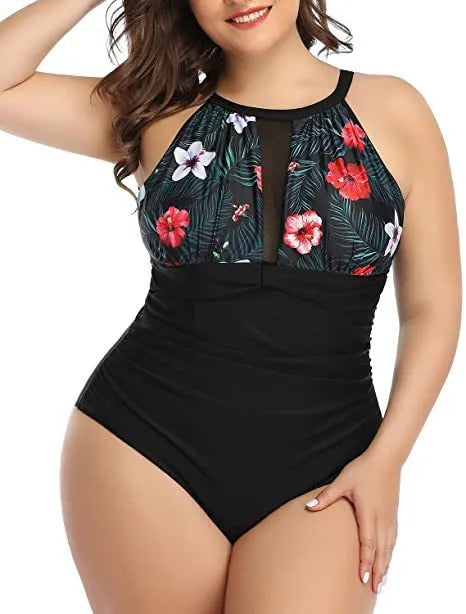 Women's black one-piece swimsuit with lace trim on display, showing front and back design.