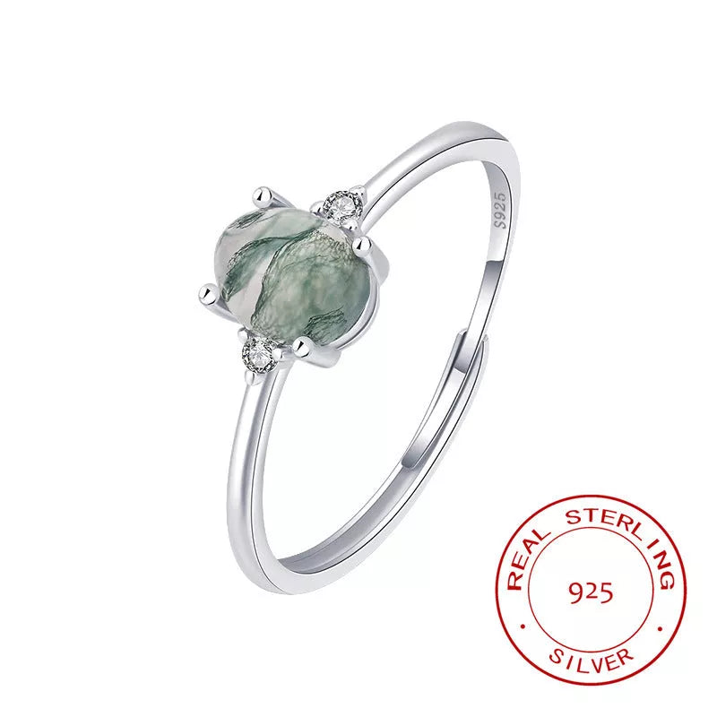 S925 Silver Green Moss Ring with adjustable opening and geometric design