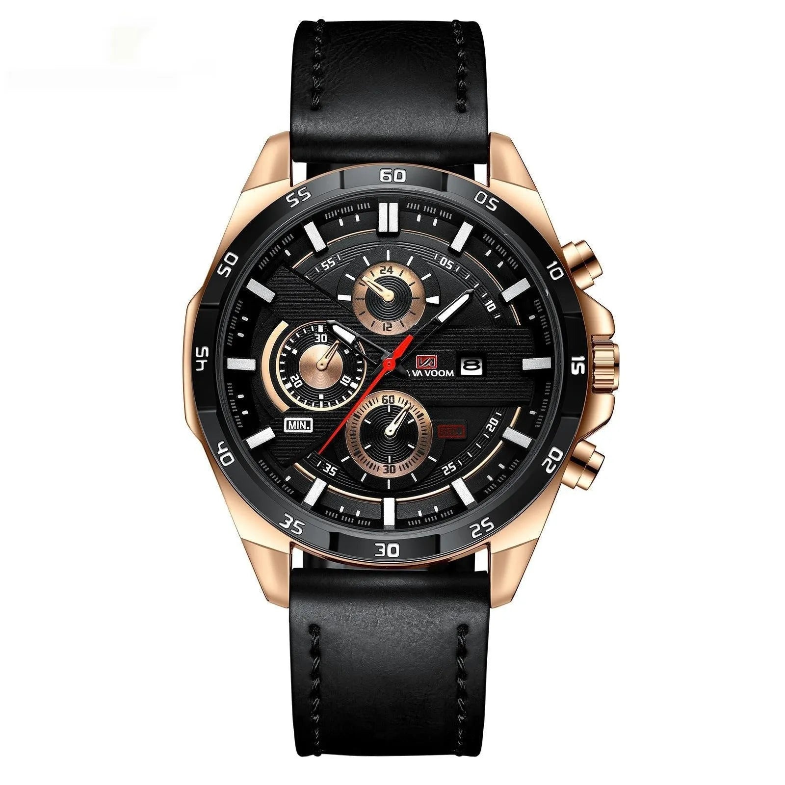 Men's business calendar waterproof quartz watch showing nine colour variants with 10mm thickness