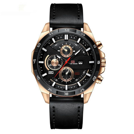 Men's business calendar waterproof quartz watch showing nine colour variants with 10mm thickness