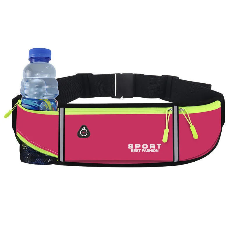 A waterproof Oxford cloth running waist bag in a choice of colours, showing multiple pocket options and anti-theft design.