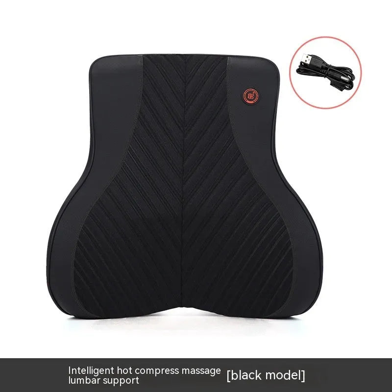 Black and orange electric massage heating car headrest and lumbar support cushion on a vehicle seat.