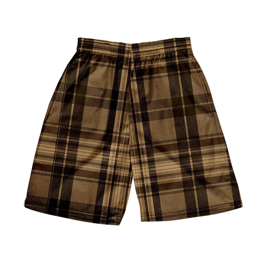Men's plaid pattern casual shorts with an elastic waistband, shown in a straight leg design.