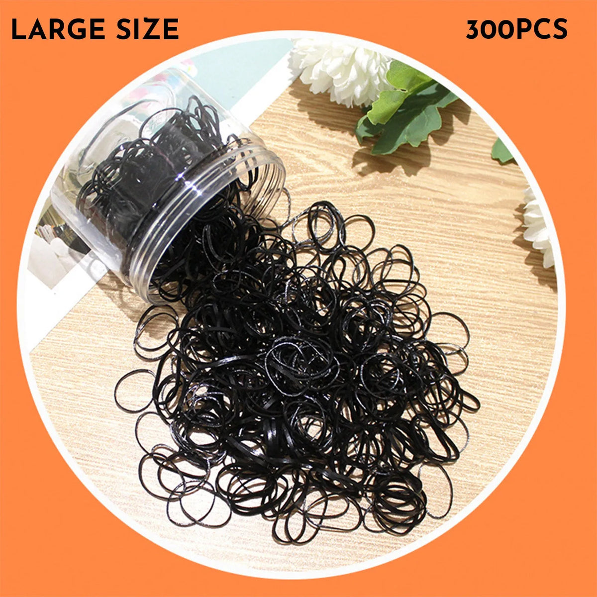Multicoloured assortment of thin TPU elastic hair bands for babies and children in a reusable plastic container.