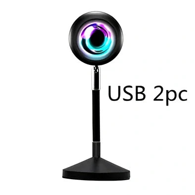 Rainbow sunset projector lamp with remote control showing colourful wall lighting effects