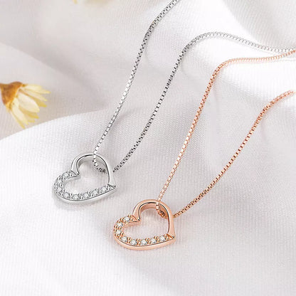 S925 Sterling Silver Love Heart Pendant Necklace in white gold and rose gold colors