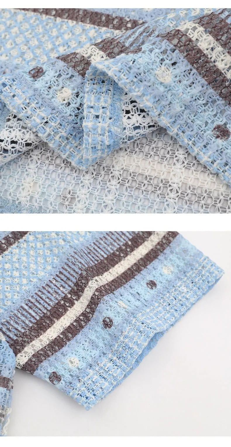 Men's blue and yellow printed short sleeve shirt with elastic polyester fabric and loose fit design