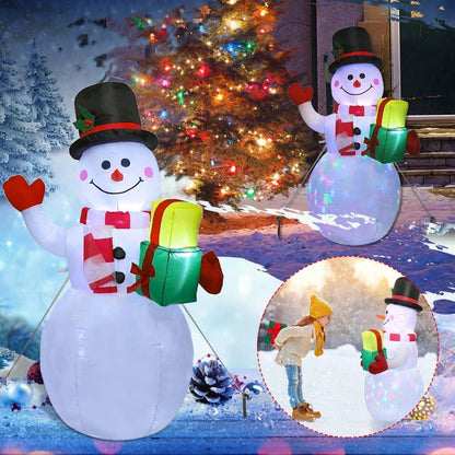 Glow-in-the-dark Christmas inflatable decorations featuring a Santa, snowman, and Christmas tree