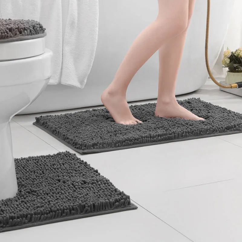 Chenille three-piece bathroom carpet set with U-shaped toilet mat, TPR backing, in green colour variations