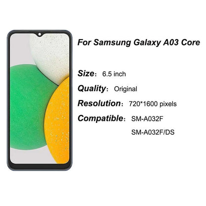 Samsung A03 Core mobile phone LCD screen assembly replacement part showing framed and frameless options
