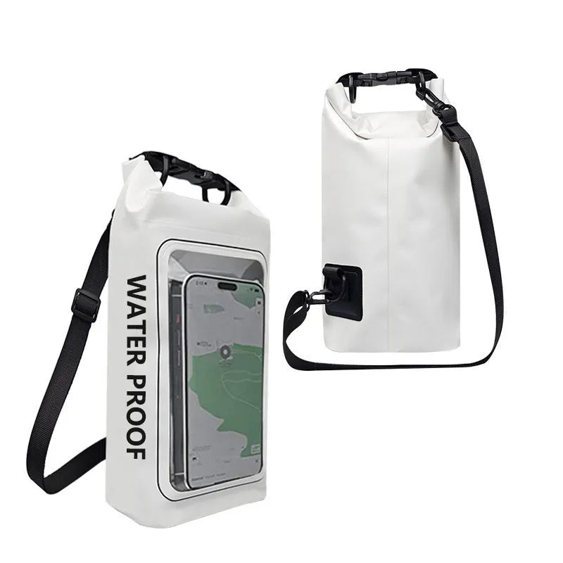 Army green PVC waterproof crossbody bag for mobile phones on a beach.