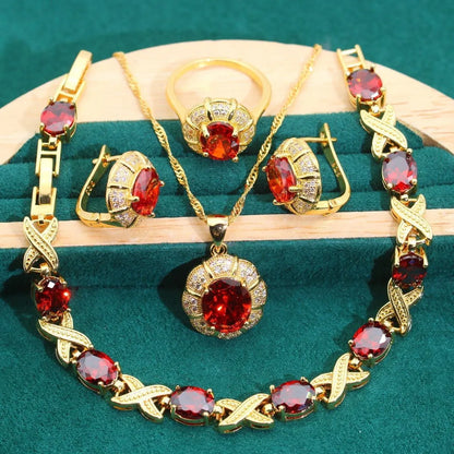 18k gold plated jewellery set with multi-colour synthetic cubic zirconia stones, including necklace, earrings, ring, and bracelet
