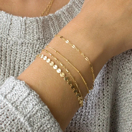 4-pack set of adjustable tube chain disc lace bracelets in gold and silver