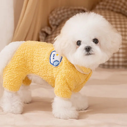 Yellow thick plush dog pyjama one-piece suit with cartoon work-clothes design and lapel collar for puppies and cats