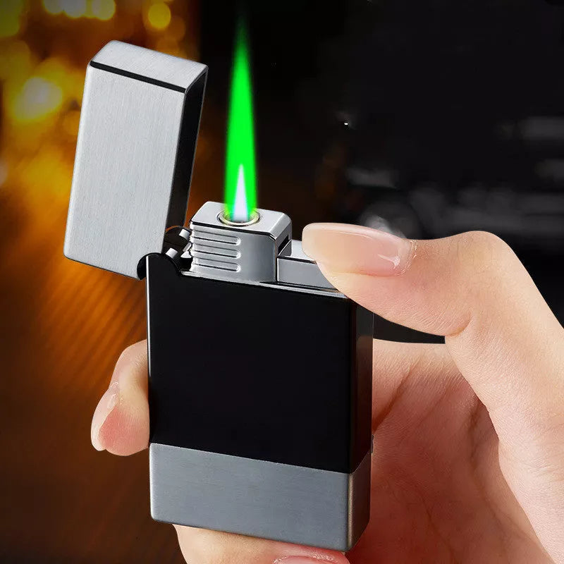Metal Steel Windproof Gas Lighter in black brushed, gold brushed, and bright silver finishes