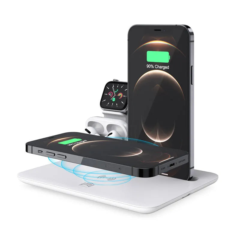 Black wireless charging bracket holding a phone at an angle, with USB cable and ports for watch and headphone charging