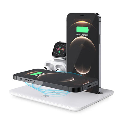 Black wireless charging bracket holding a phone at an angle, with USB cable and ports for watch and headphone charging