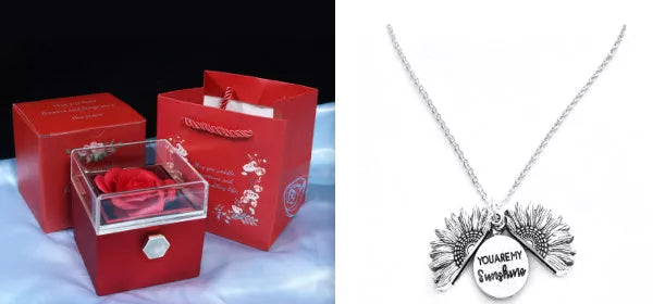 Rotating soap flower rose gift box with jewelry drawer in red, blue, lake blue, or pink