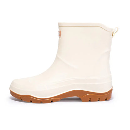 Women's low-cut white waterproof plastic shoes with a non-slip rubber sole on a plain background.