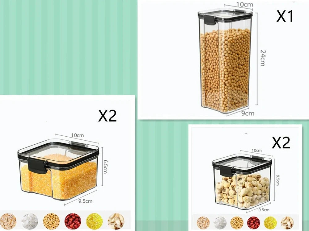 Square clear kitchen storage jar box for pantry organisation with cereals visible inside