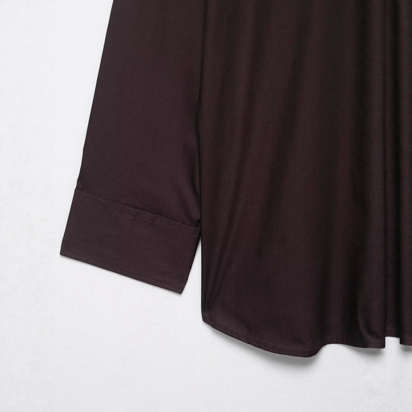 Brown women's loose fit poplin shirt with cardigan-style opening and bow tie detail