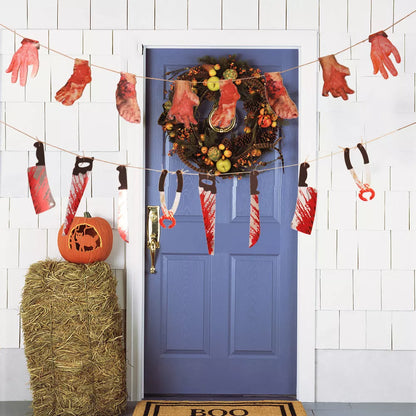 Halloween Horror Knife Flag Pulling Horror Curtain Bed Sheet with multiple horror-themed images