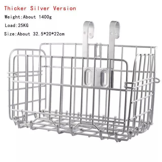 Foldable bicycle basket in black or silver, durable steel construction