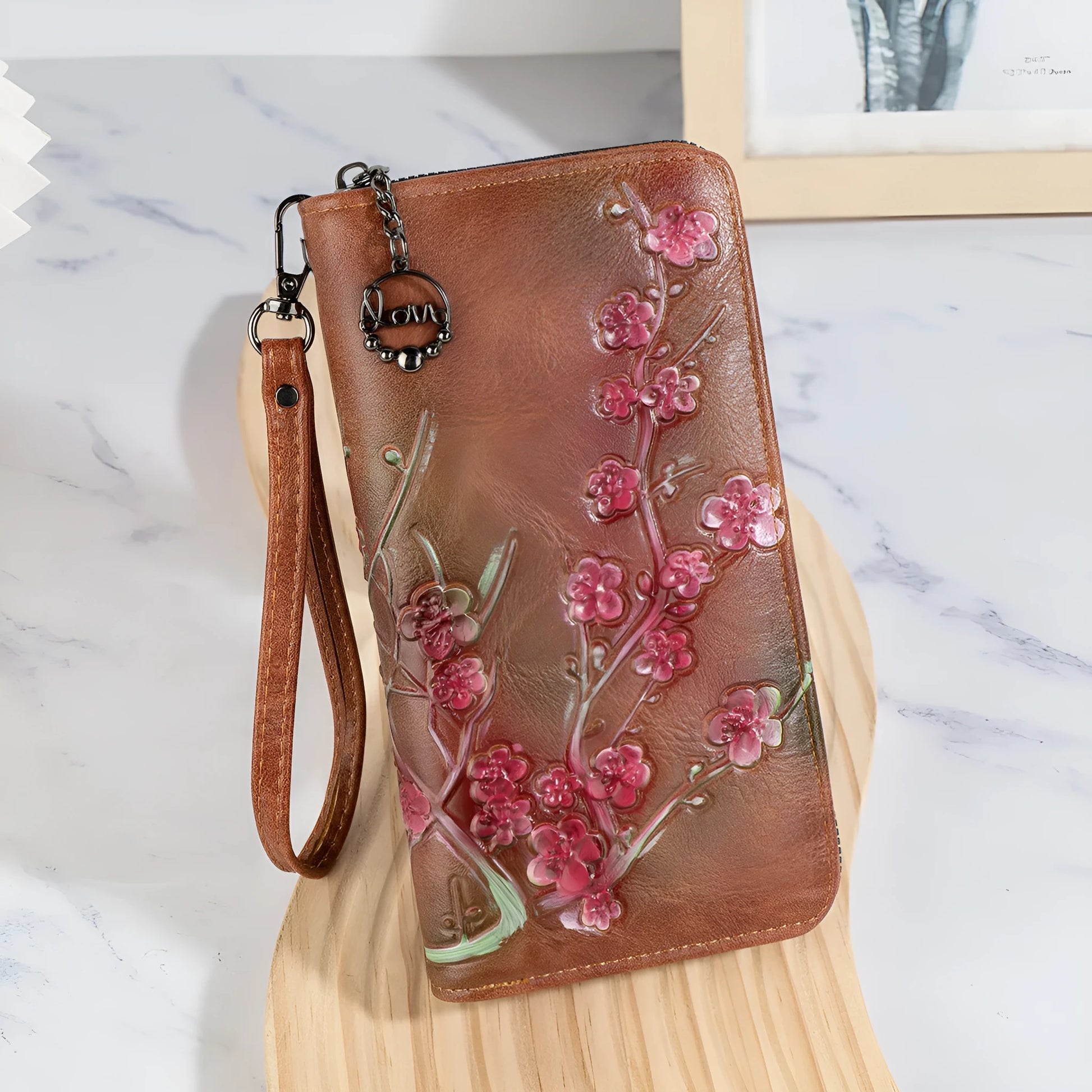 PU leather handbag with embossed floral pattern and zipper closure in Chinese style