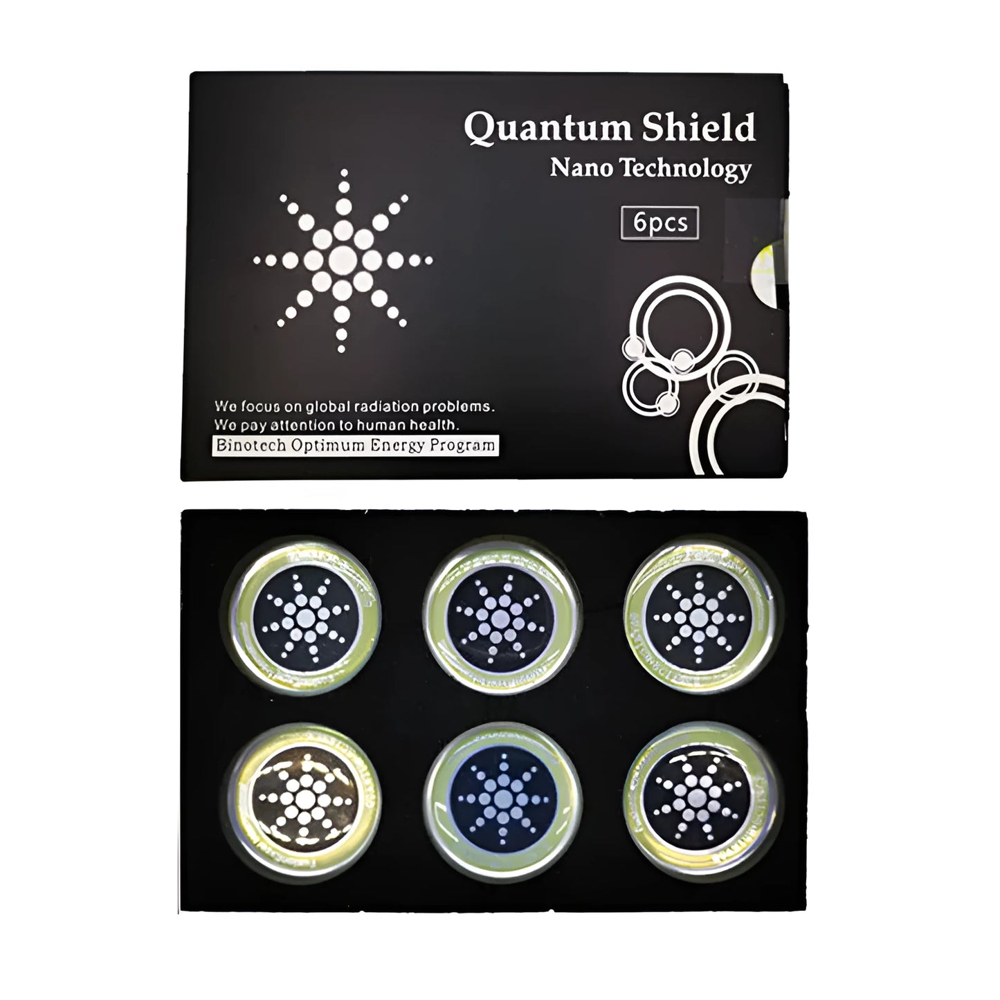 Box of six round gold and silver anti-radiation stickers for mobile phones.