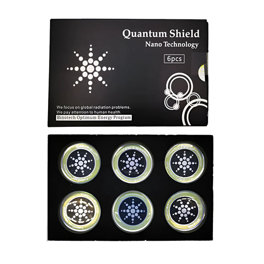 Box of six round gold and silver anti-radiation stickers for mobile phones.