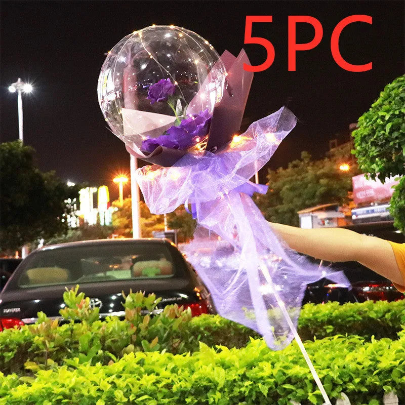 Transparent LED luminous balloon rose bouquet with artificial flowers and illuminated lights
