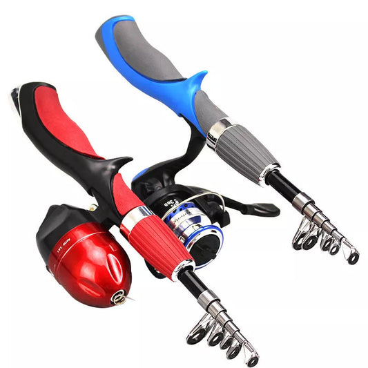 Compact carbon fiber ice fishing rod with spinning wheel in red and blue options