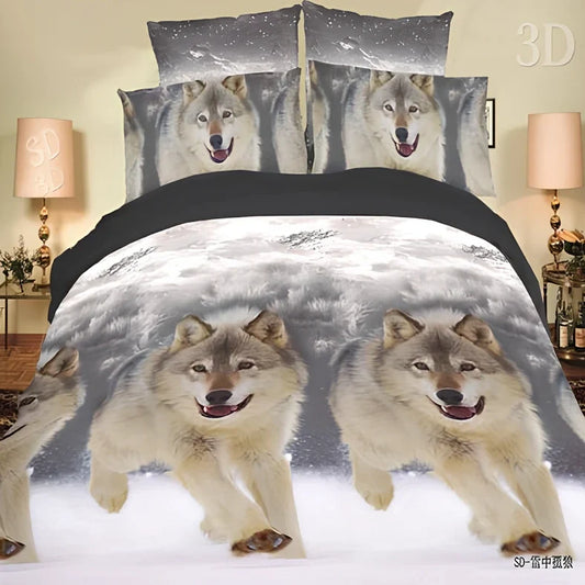 Queen size wolf print bedding set showing polyester duvet cover 200 cm by 230 cm, fitted sheet 230 cm square, and two 48 cm by 74 cm pillowcases on a bed