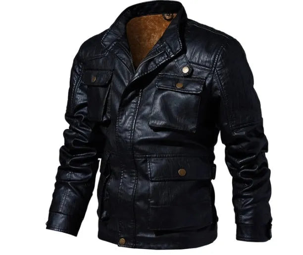 Men's Faux Leather Jacket PU Outer with Velvet Lining Khaki Black Brown Sizes L to 5XL Asian Sizing Casual and Smart Wear