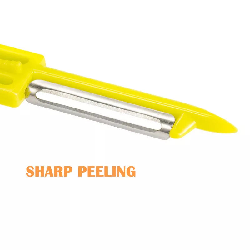 Stainless steel and plastic multi-function fruit and vegetable peeler in yellow