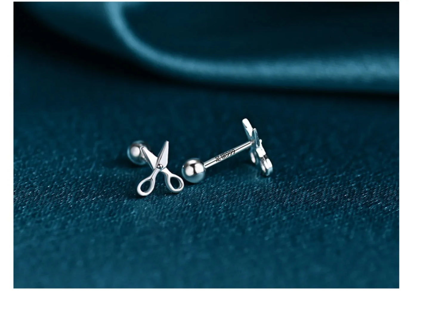 S999 pure silver screw-style earrings with miniature scissors design, 1.5 cm by 0.8 cm