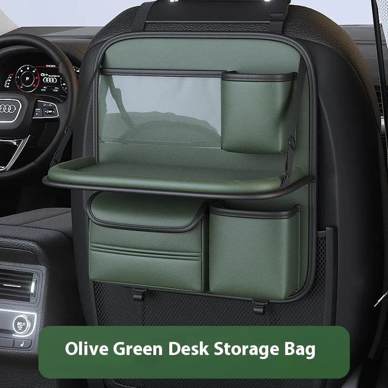 Leather car seat lazyback storage bag with foldable dining table, waterproof, 1.2kg, 48 x 25 x 6cm, in four colours.