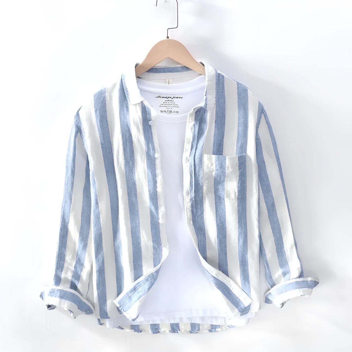 Men's loose blue Hong Kong style long sleeve shirt for spring and summer casual wear