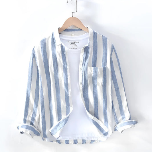 Men's loose blue Hong Kong style long sleeve shirt for spring and summer casual wear